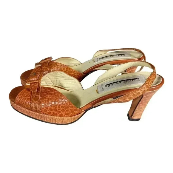 Titti Dellacqua Peep Toe Slingback Sandal Cognac Brown Leather Alligator 8-8.5 - Picture 2 of 8
